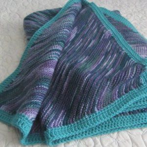 Handmade knitted blanket, throw, variegated purples and teal shades washable